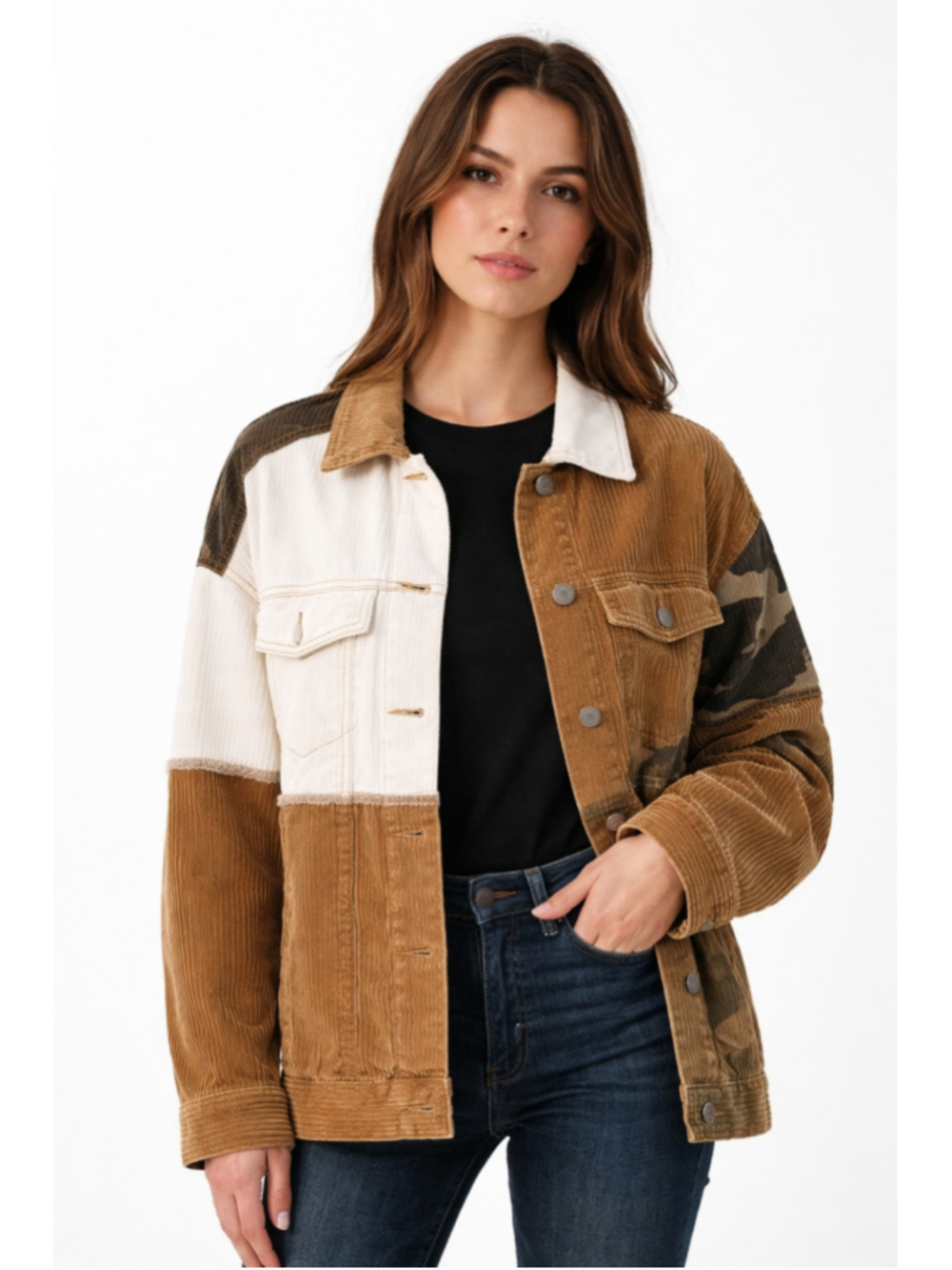 VICI Patchwork Corduroy Jacket Size Small Oversized Brown White Camo